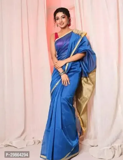 Beautiful Blue Cotton Silk Zari Women Saree with Blouse Piece-thumb0