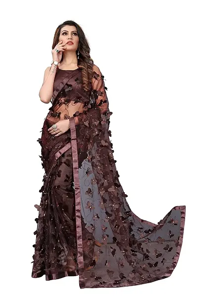Elegant 3D Butterfly Embroidered Net Sarees with Blouse Piece
