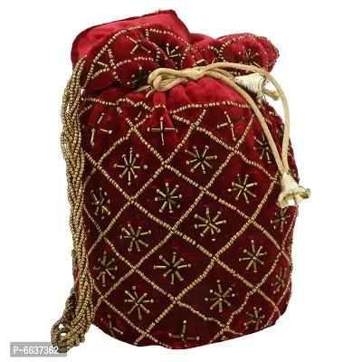 Velvet Designer Ethnic Wedding Potli Bags(pink) for Women With Golden Embroidery and beads - For Bride, Engagement, Tradition