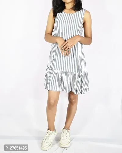Women grey  white cotton blend striped Dress-thumb0