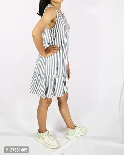 Women grey  white cotton blend striped Dress-thumb3