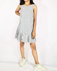 Women grey  white cotton blend striped Dress-thumb3
