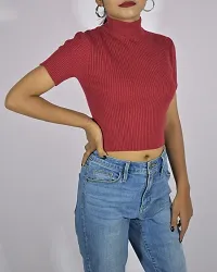 High Neck Stretch Lettuce Ribbed Crop Top-thumb3
