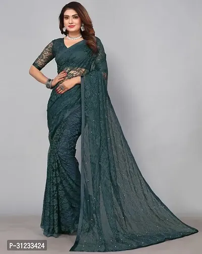 Stylish Crepe Green Self Pattern Saree with Blouse Piece For Women-thumb0