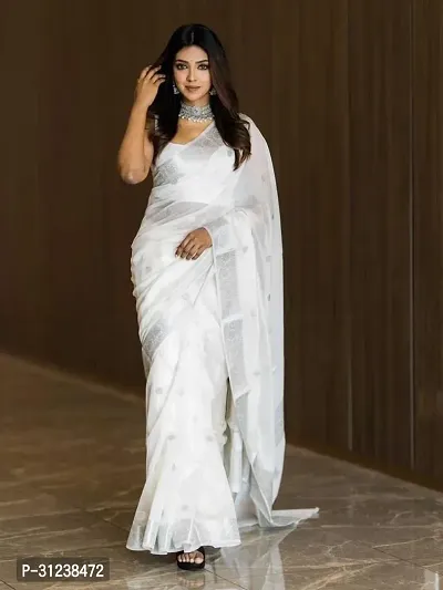 Stylish White Crepe Saree with Blouse piece For Women-thumb0