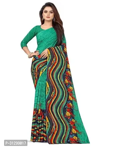 Stylish Green Crepe Saree With Blouse Piece For Women