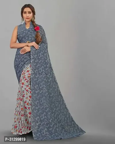 Stylish Grey Crepe Saree With Blouse Piece For Women