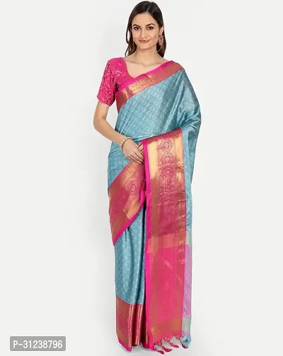 Stylish Blue Crepe Saree with Blouse piece For Women-thumb0