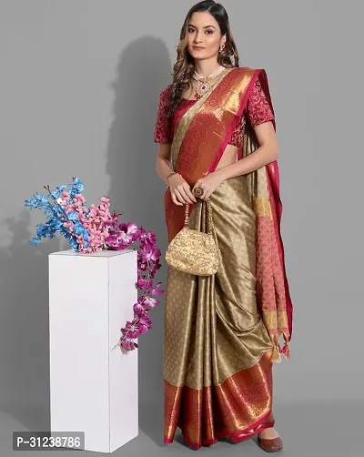 Stylish Beige Crepe Saree with Blouse piece For Women-thumb0