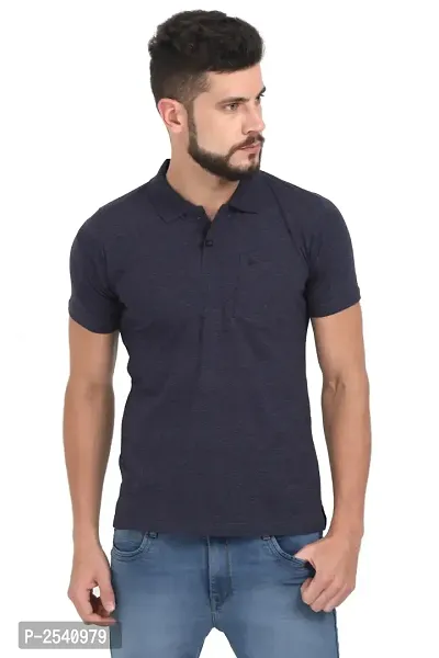 Men Navy Blue Solid Cotton Polo T-shirt