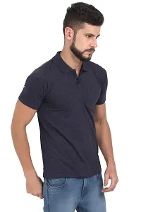 Men Navy Blue Solid Cotton Polo T-shirt-thumb2