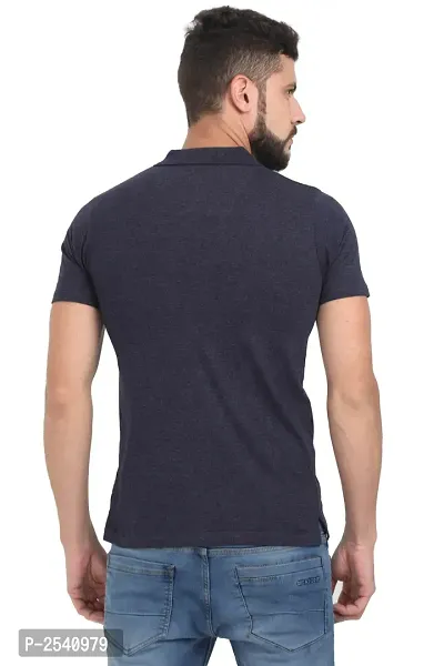 Men Navy Blue Solid Cotton Polo T-shirt-thumb4