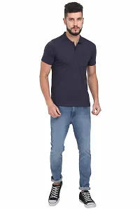 Men Navy Blue Solid Cotton Polo T-shirt-thumb4