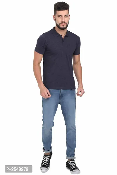 Men Navy Blue Solid Cotton Polo T-shirt-thumb5