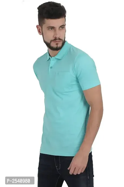 Men Turquoise Solid Cotton Polo T-shirt-thumb2