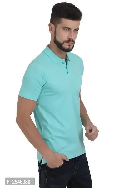 Men Turquoise Solid Cotton Polo T-shirt-thumb3