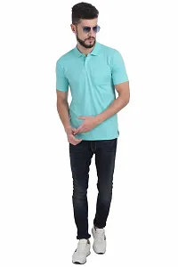 Men Turquoise Solid Cotton Polo T-shirt-thumb4