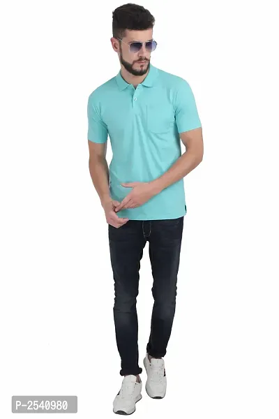 Men Turquoise Solid Cotton Polo T-shirt-thumb5