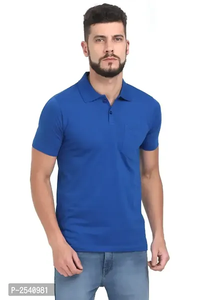 Men Blue Solid Cotton Polo T-shirt-thumb0