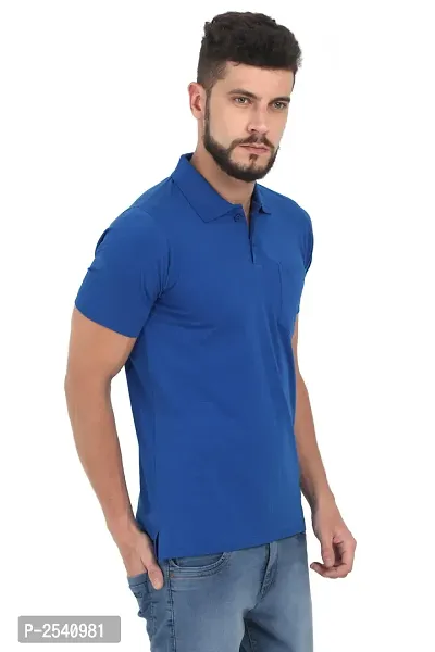 Men Blue Solid Cotton Polo T-shirt-thumb2