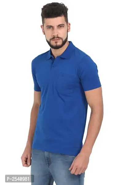 Men Blue Solid Cotton Polo T-shirt-thumb3