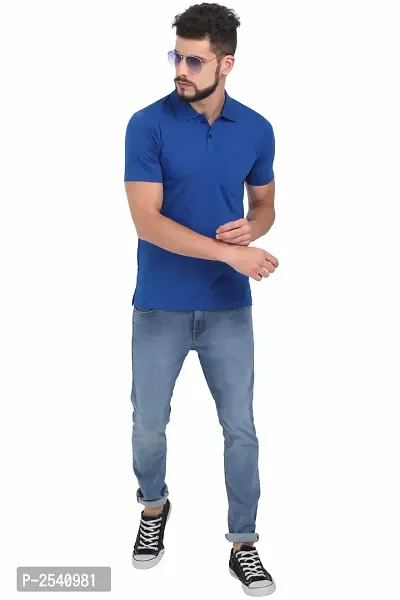 Men Blue Solid Cotton Polo T-shirt-thumb5