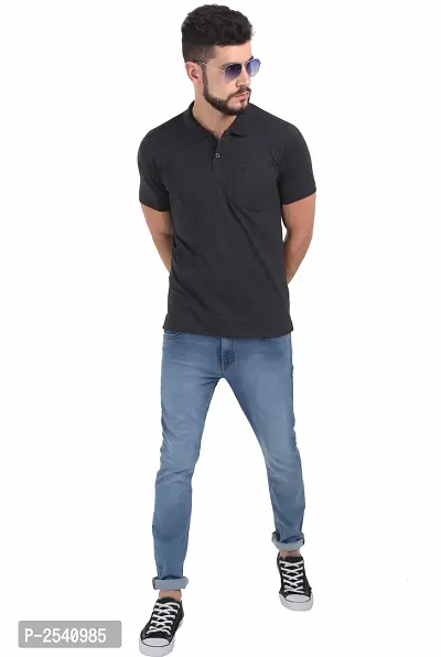 Men Black Cotton Solid Polo T-shirt with Pocket-thumb5