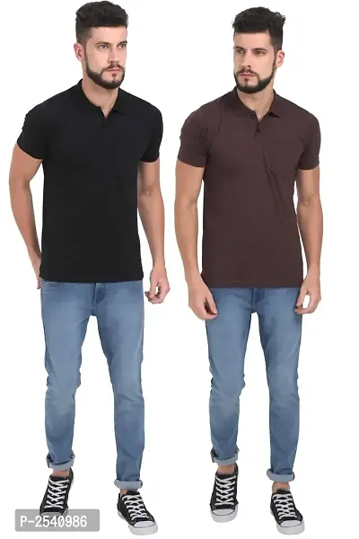 Men Multicoloured Solid Cotton Polo T-Shirt Combo (Pack of 2)-thumb5