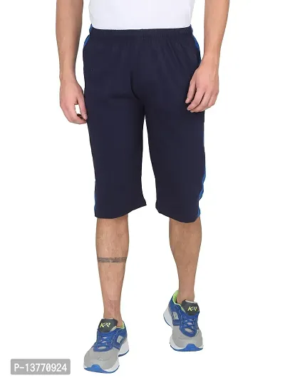 Stylish Navy Blue Cotton Solid 3/4th Shorts For Men