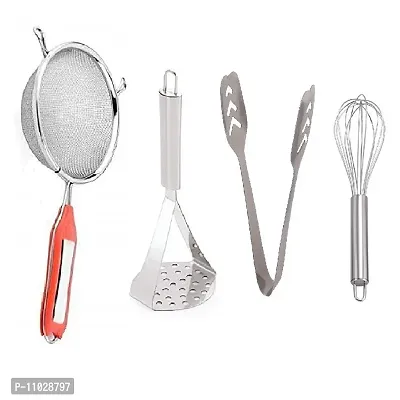 Trendy Stainless Steel Combo Of Premium Quality Ss Soup Strainer And Ss Big Masher And Ss Momo Tong And Ss Egg Beater Whisk