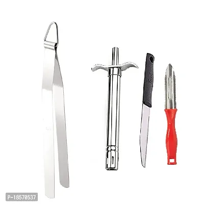 Stainless Steel Chimta for Roti Chapati Chimta Tong for Chapati Tong  Stainless Steel Gas Lighter With knife  Plastic Peeler.3 Pcs-thumb0