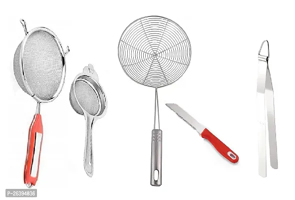 5 No Soup-Tea-Jhara-Knife-Chimta Stainless Steel Strainers And Sieves