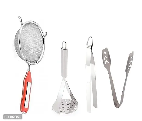Trendy Stainless Steel Combo Of Premium Quality Ss Soup Strainer And Ss Big Masher And Ss Roti Chimta Tong And Ss Momo Tong