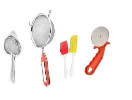 Stainless Steel Tea Strainer With SS Soup  Juice Strainer (5 no)  Silicone Mini Spatula  Oil Brush Set And Plastic Red PIzza Cutter.Pack of 4 Pcs.-thumb1