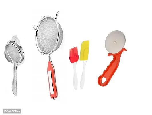 Stainless Steel Tea Strainer With SS Soup  Juice Strainer (5 no)  Silicone Mini Spatula  Oil Brush Set And Plastic Red PIzza Cutter.Pack of 4 Pcs.-thumb2