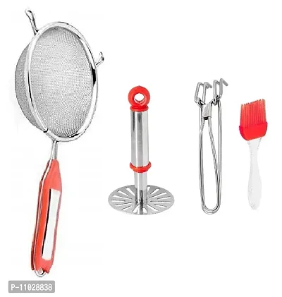 Trendy Stainless Steel Combo Of Premium Quality Ss Soup Strainer And Steel Pav Bhaji Masher And Ss Wire Pakad Tool And Silicone Mini Oil Brush