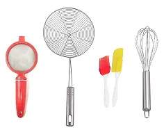 Plastic Tea Tea Strainer With Stainless Steel Deep Fry Jhara  Silicone Mini Spatula  Oil Brush Set And Stainless Steel Egg Beater Whisk.Pack of 4 Pcs.-thumb1