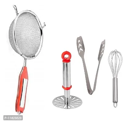 Trendy Stainless Steel Combo Of Premium Quality Ss Soup Strainer And Steel Pav Bhaji Masher And Ss Momo Tong And Ss Egg Beater Whisk