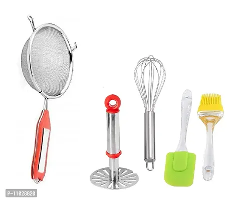 Trendy Stainless Steel Combo Of Premium Quality Ss Soup Strainer And Ss Small Masher And Ss Egg Beater Whisk And Silicone Big Spetula And Oil Brush Set