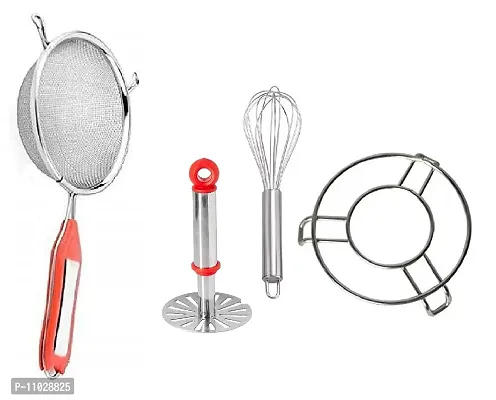 Trendy Stainless Steel Combo Of Premium Quality Ss Soup Strainer And Steel Kitchen Pakad Tool And Ss Egg Beater Whisk And Ss Kadhai Pot Stand