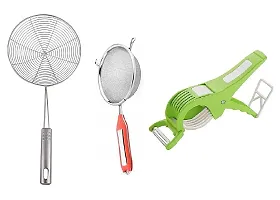 Stainless Steel Deep Fry Jhara With Stainless Steel Soup  Juice Strainer (4 no) And 2 in 1 Kitchen Vegetable 5 Laser Blade Bhindi Cutter  Peeler.Pack of 3 Pcs.-thumb1