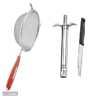 Trendy Stainless Steel Combo Of Premium Quality Ss Soup Strainer And Ss Gas Lighter With Knife