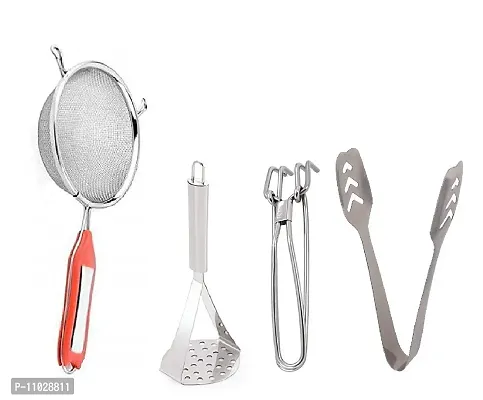 Trendy Stainless Steel Combo Of Premium Quality Ss Soup Strainer And Ss Pav Bhaji Masher And Ss Wire Pakad Tool And Ss Momo Tong-thumb0