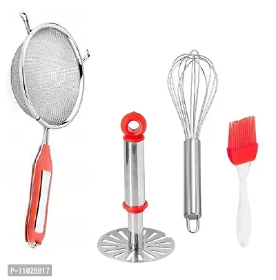 Trendy Stainless Steel Combo Of Premium Quality Ss Soup Strainer And Ss Small Masher And Ss Egg Beater Whisk And Silicone Mini Oil Brush