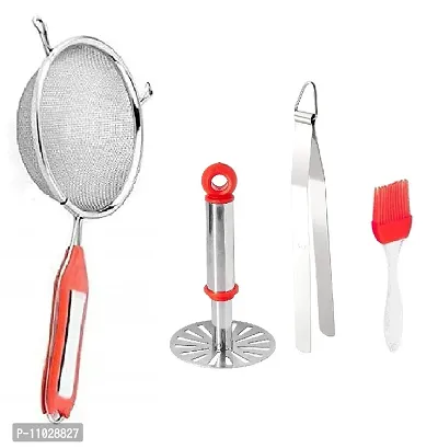 Trendy Stainless Steel Combo Of Premium Quality Ss Soup Strainer And Steel Pav Bhaji Masher And Ss Roti Chimta Tong And Silicone Mini Oil Brush