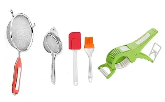 Stainless Steel Soup  Juice Strainer (5 no) With SS Tea Strainer And Silicone Big Spatula  Oil Brush Set And 2 in 1 Kitchen Vegetable 5 Laser Blade Bhindi Cutter  Peeler.Pack of 4 Pcs.-thumb1