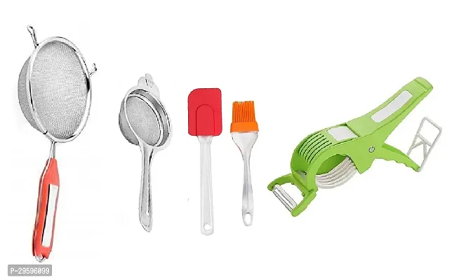 Stainless Steel Soup  Juice Strainer (5 no) With SS Tea Strainer And Silicone Big Spatula  Oil Brush Set And 2 in 1 Kitchen Vegetable 5 Laser Blade Bhindi Cutter  Peeler.Pack of 4 Pcs.-thumb2