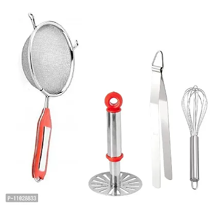 Trendy Stainless Steel Combo Of Premium Quality Ss Soup Strainer And Steel Pav Bhaji Masher And Ss Roti Chimta Tong And Ss Egg Beater Whisk-thumb0