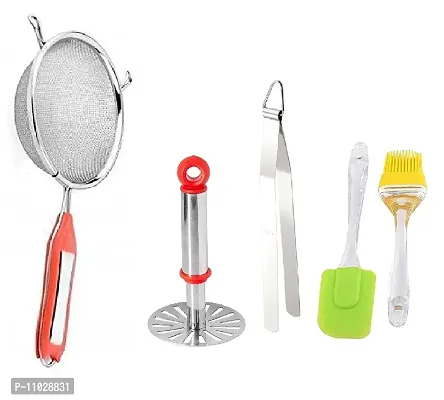 Trendy Stainless Steel Combo Of Premium Quality Ss Soup Strainer And Steel Pav Bhaji Masher And Ss Roti Chimta Tong And Silicone Big Spetula And Oil Brush Set