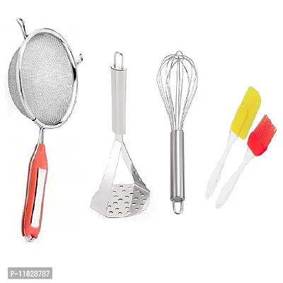Trendy Combo Of Stainless Steel Premium Quality Soup Juice Strainer And Ss Big Masher And Ss Egg Beater Whisk And Silicone Mini Spetula And Oil Brush Set-thumb0
